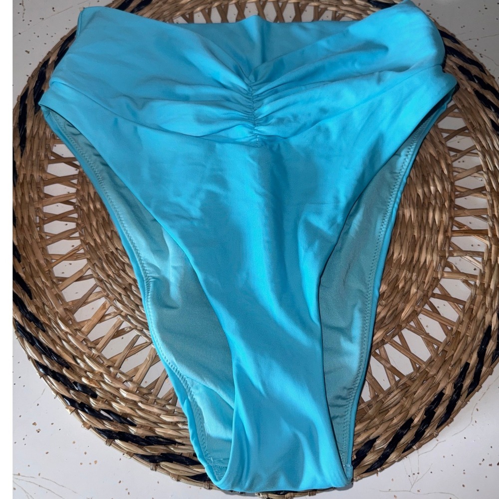 Aerie Real Good High Cut Cheeky Bikini Bottom Turquoise Blue Ruched Front Small